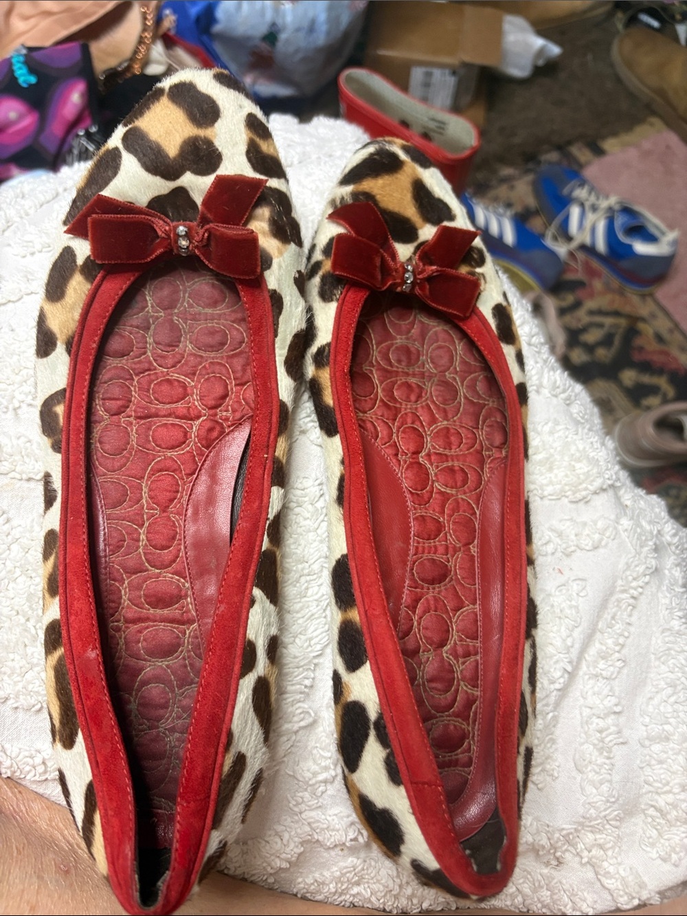 Coach Leopard Print Ballet Flats with Red Trim and Bow Accents